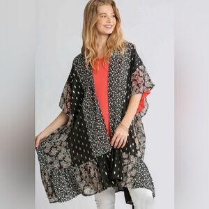 Umgee Sheer Mixed Print Kimono with Ruffled Hem